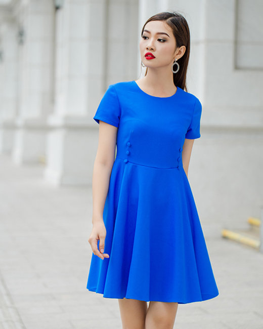 Đầm ôm bẹt vai dún ly eo hàng thiết kế màu xanh coban  C3090