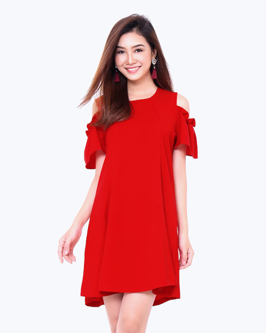 Đầm Oversize Rớt Vai Cách Điệu Màu Đỏ Size S