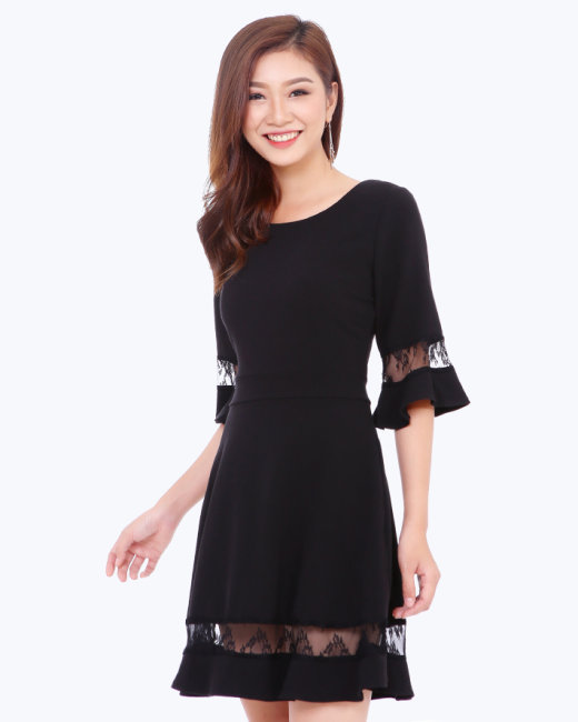 Đầm ren cotton dáng xòe màu đen KK166-06 | Thời trang công sở K&K Fashion