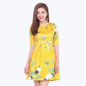 Đầm Cách Tân Kiểu Sườn Xám Họa Tiết Mùa Xuân