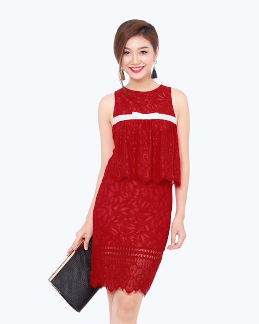 Váy xòe A ren đỏ can thang - XRK2432