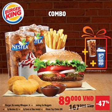 Burger King Nổi Tiếng Từ Mỹ - Combo BBQ Burger + Miếng Gà + Khoai Tây + Kem + Thức Uống & Quà Tặng Hấp Dẫn Dành Cho 2 Người