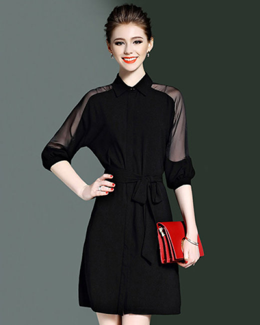 Đầm sơ mi công sở trắng sọc đen KK118-01 | Thời trang công sở K&K Fashion