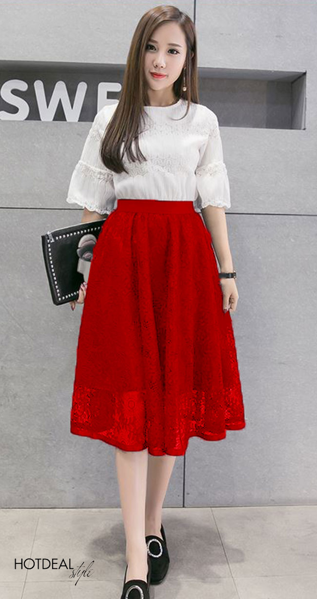 Đầm ren đỏ phối chân váy - Quần Áo Xưởng May ANN