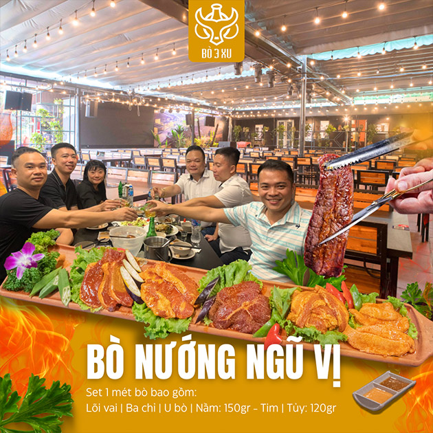  Bò 3 Xu - Combo Tối 1 Mét Bò Nướng Ngũ Vị Cho 3-4 Người