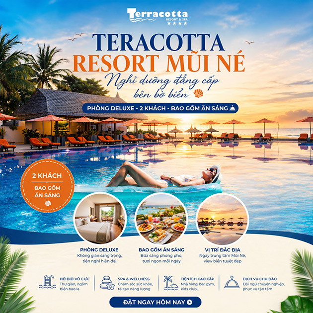 Terracotta Resort Mũi Né 4* - 2N1Đ Phòng Deluxe - Ăn Sáng - 2 Khách