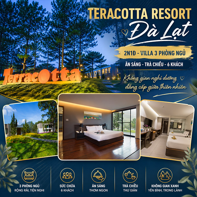 Terracotta Resort Đà Lạt 4* -  2N1Đ Villa 3 PN + Ăn Sáng - 6 Khách