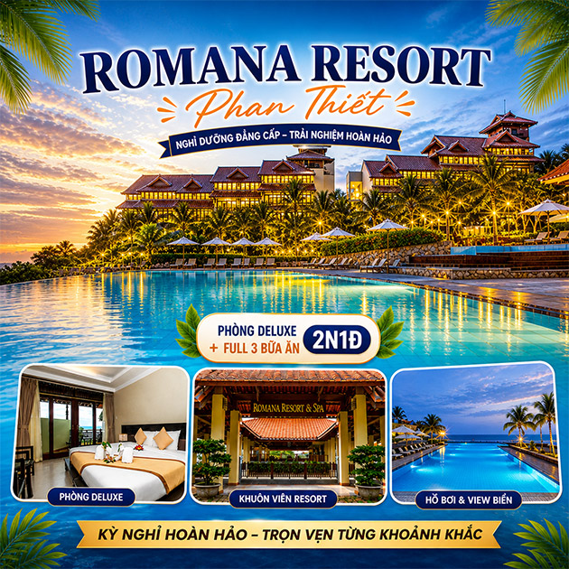 Romana Resort Phan Thiết 4* - 2N1Đ Phòng Deluxe + Full 3 Bữa Ăn