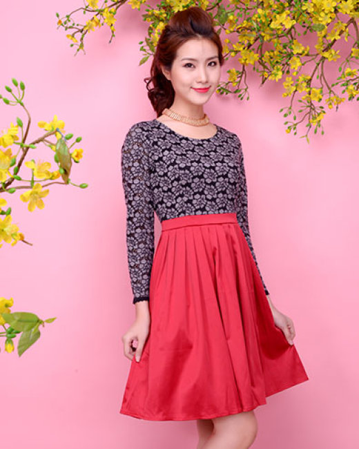 23/V043/XL/01/VÁY XÒE, TAY NỤ HÔNG, HOA HỒNG Zen Fashion