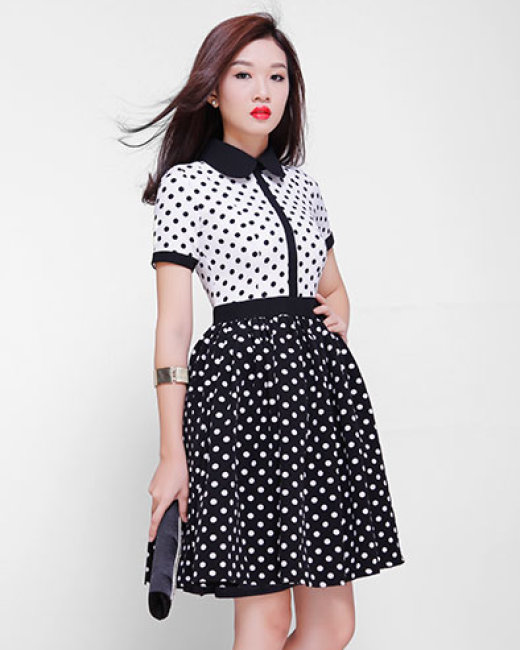 Đầm xoè chấm bi cổ viền bèo KK150-05 | Thời trang công sở K&K Fashion