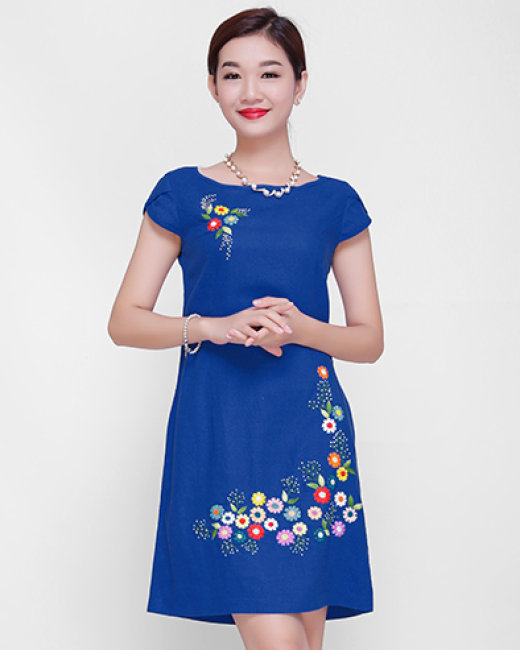 Đầm sara thêu line, áo dài thêu cách tân - xanh size XL Hà Nội