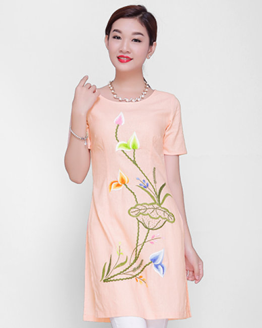 Áo Dài Dáng Suống Thêu Hoa Màu Trắng Cam - Đầm Váy Nữ Cao Cấp