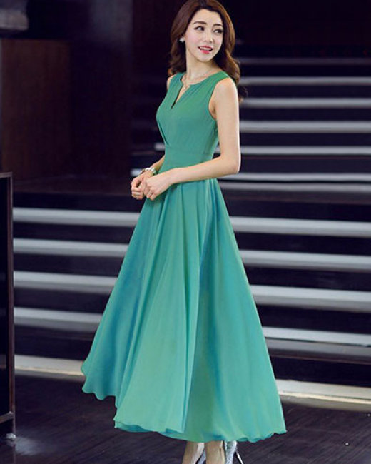 Đầm dạ hội maxi lụa vân gấm màu xanh ngọc - D603