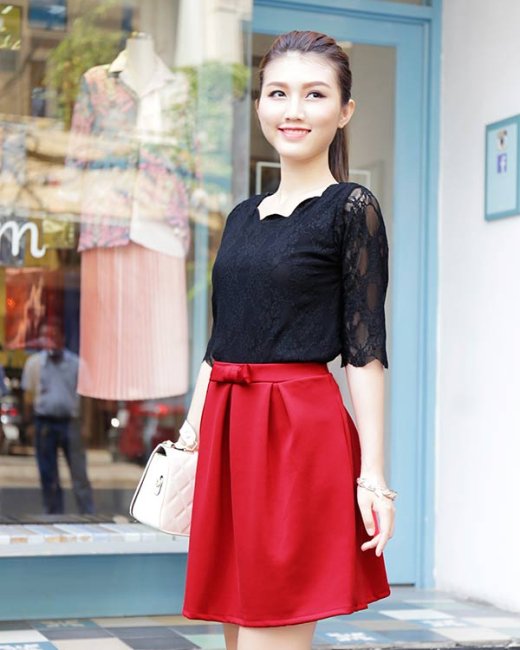Set áo đỏ form dài xẻ tà phối váy đen dập ly - Bán sỉ thời trang mỹ phẩm