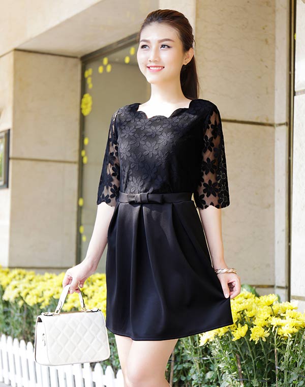 đầm nữ cộc tay tiểu thư cổ vuông tay bồng, váy xoè dáng ngắn chất nhung 2  màu | Shopee Việt Nam